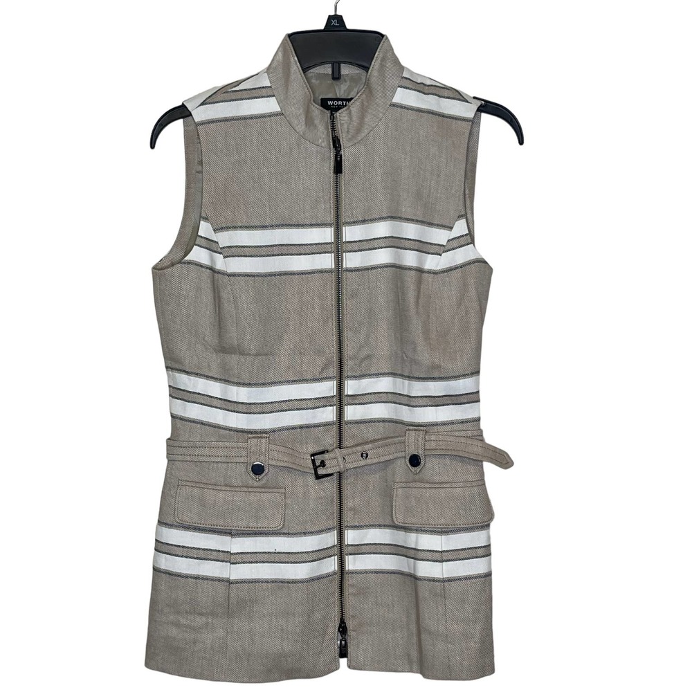 Worth Women Top Zip Up Belted Waist Vest Striped Linen Blend Workwear Tan Size 2
